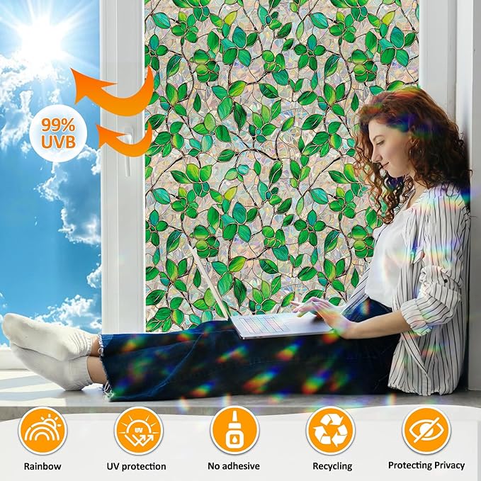 Window Privacy Film Stain Glass Window Film Rainbow Window Film Window clings Non-Adhesive Reusable Decorative for Room (Greenery Leaf, 35.4 x 78.7 in)