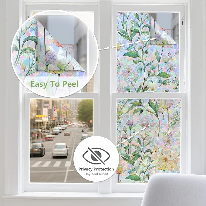 FINNEZ Window Privacy Film Stain Glass Film Flowers Rainbow Window Film Window Clings Non-Adhesive Reusable Decorative for Home（Forest Rainbow，23.6 Inch x 13.1 Feet）