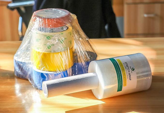 BOMEI PACK Industrial Mini Clear Stretch Wrap with Handle 5" 1000ft 80 Gauge for Pallet Wrap, Durable Self-Adhering Plastic Wrap for Packing, Moving, Heavy Duty (1)