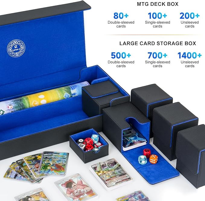6 in1 Card Deck Box Set,X-Large Premium Trading Card Storage Case with 5 Small Box,Magnetic Game Deck Display Case Compatible with MTG/TCG/Yugioh/Magic/Commander(Black＆Blue)