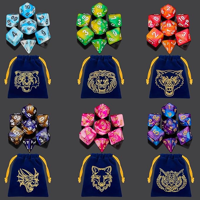 QMay DND Dice - 42pcs Polyhedral Dice, 6 Set Complete Double-Colors D&D Dice Sets with 6 Blue Drawstring Bags for Dungeons and Dragons RPG MTG Table Games