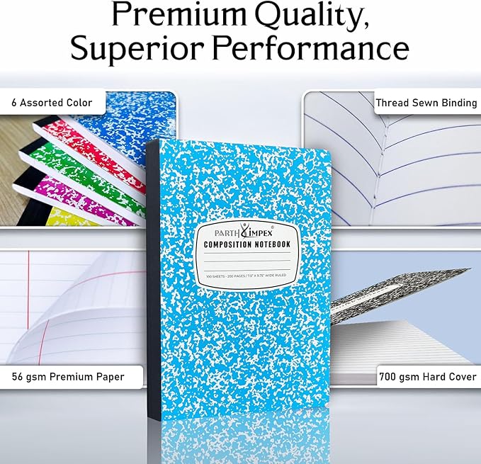 PARTH iMPEX 12 Pack Bulk Composition Notebooks Wide Ruled, 200 Pages (100 Sheets), 9-3/4 x 7-1/2, Hard Cover Wide Ruled Notebooks in 6 Assorted Colors, Composition Notebook For School College Office
