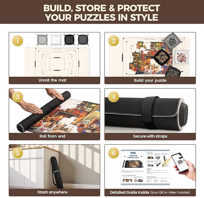 ropoda 1500 Pieces 46" x 26 "Puzzle Mat Roll Up, Puzzle Saver with 4 Large Sorting Trays & Travel Storage Bag, Portable Rollup Puzzles Keeper (White)