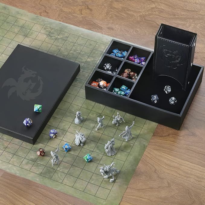 DND Dice Tray and Dice Tower with Storage, 3 in 1 Dice Rolling Tray with Lid, Portable Dice Box Storage, DND dice Holder for Dungeons and Dragons D&D RPG MTG Table Games (Black)