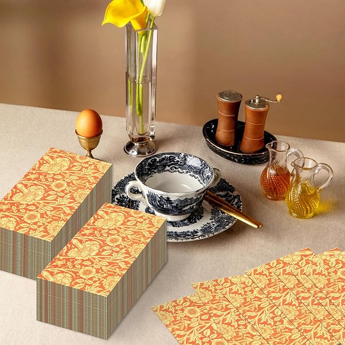 Vintage Floral Paper Napkins, 80PCS Vintage Floral Guest Paper Napkins Disposable, Orange Retro Plants Wildflower Lunch Dinner Hand Napkin for Wedding, Theme Party, Birthday, 4.5x8 Inch