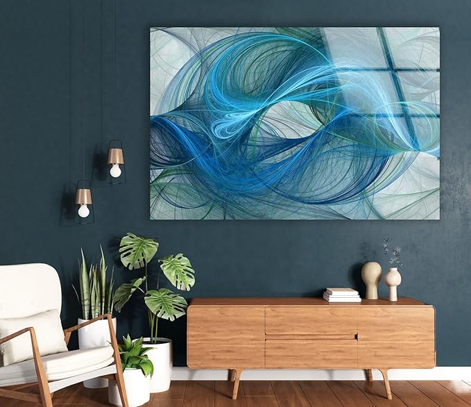 My Photostation.com 48Wx32H'' Blue Energy Abstract Wall Art – Fluid Motion Glass PrintTempered Glass Printing Wall Decor Large Wall Art Wall Hangings