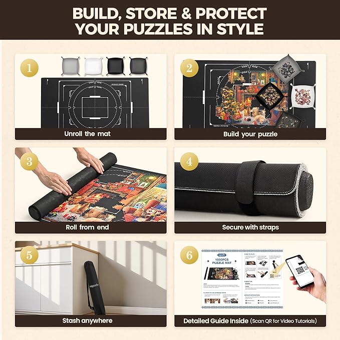 ropoda 1500 Pieces 46" x 26 "Puzzle Mat Roll Up, Puzzle Saver with 4 Large Sorting Trays & Travel Storage Bag, Portable Rollup Puzzles Keeper (Black)