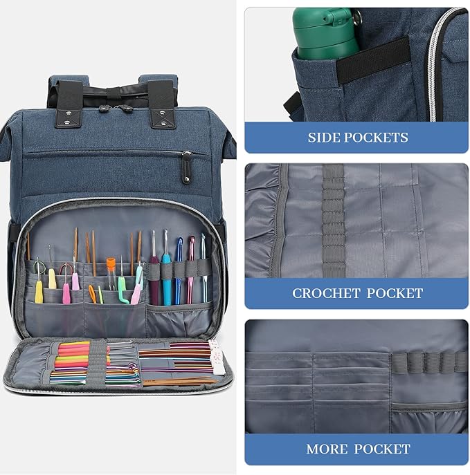 Crochet Backpack,Knitting Bag Backpack Yarn Storage Organizer Travel Crochet Bag with USB Charging Port,Large Yarn Tote Bag Yarn Holder Case for Knitting Needles,Crochet Hooks,Crochet Accessories,Blue