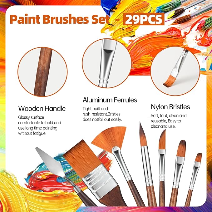 29 pcs Paint Brush Set,GETHPEN Acrylic Paint Brushes,Artist Series with Wide Flat,Round, Filbert, Flat, Fan,Angle,Dagger,Cat Tongue,Detail Brush,Rigger for Oil,Acrylic Canvas Paintings,Face Painting