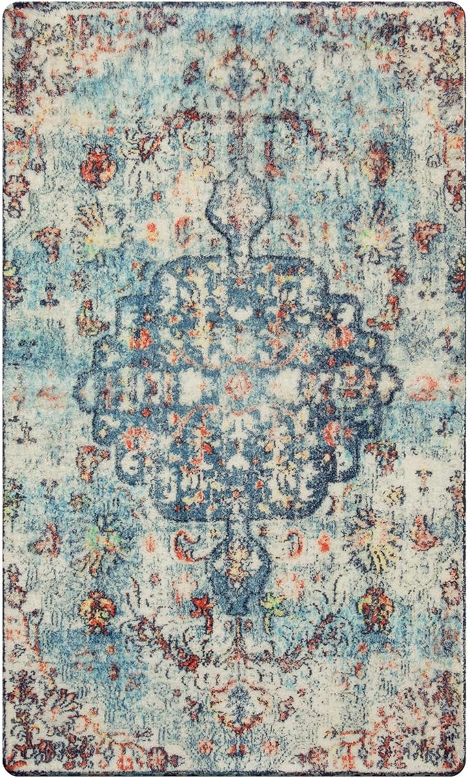 Lahome Bohemian Floral Medallion Area Rug - 3x5 Vintage Teal Distressed Entry Throw Rug Turkish Faux Wool Accent Rug Non-Slip Washable Low-Pile Carpet for Bathroom Entrance Living Bedroom