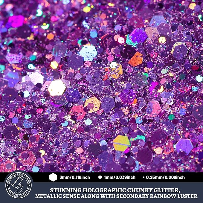LEOBRO Purple Glitter, 160g/5.64oz Holographic Chunky Glitter for Crafts, Resin, Nail Body, Tumblers, Party Decorations