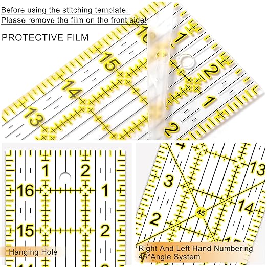 Quilting Rulers, Sewing Ruler, Acrylic Ruler for Sewing and Quilting,Cutting Ruler with Non-Slip Rings (3"x17",1.5"x17",3"x12",1.5"x10",1"x6") (Yellow)