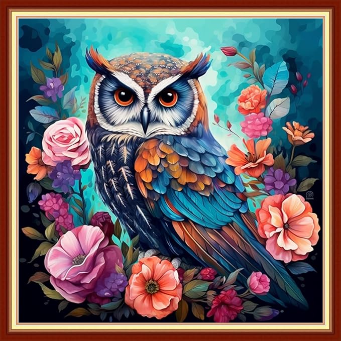 Joyhoor Stamped Cross Stitch Kits for Beginners, Needlepoint Kits for Adults, 11CT Counted Embroidery Kits-Owl Flower 18x18 inchs