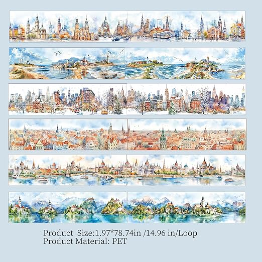 6 Rolls Landscape PET Tape Set,Self-Adhesive Transparent Tape Stickers for Scrapbook Supplies,Journaling,DIY Craft,Planner(Scenery Along The Way)
