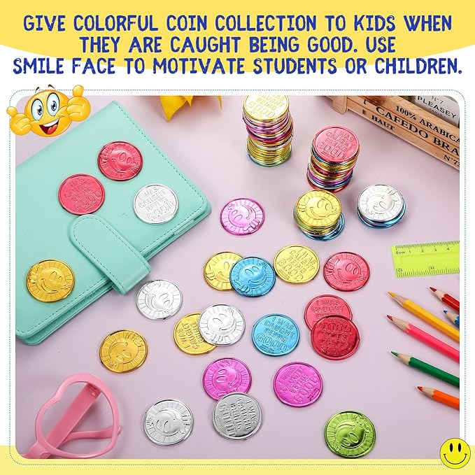 Jerify Caught Being Good Coins for Kids Behavior Tokens Plastic Reward Colored Pretend Coin Carnival Halloween Party Counting(200 Pcs,Smile Face)