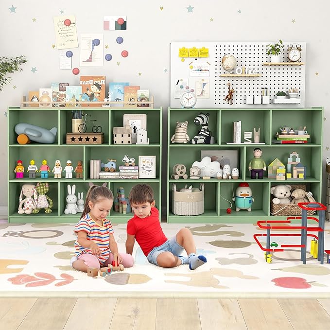 KOTEK Toy Storage Organizer, 5 Cubby Kids Bookshelf, Wooden 3-Tier Bookcase Storage Cabinet, Open Display Book Shelf for Daycare, Nursery, School Classroom, Living Room (Green, 8 Cubes)