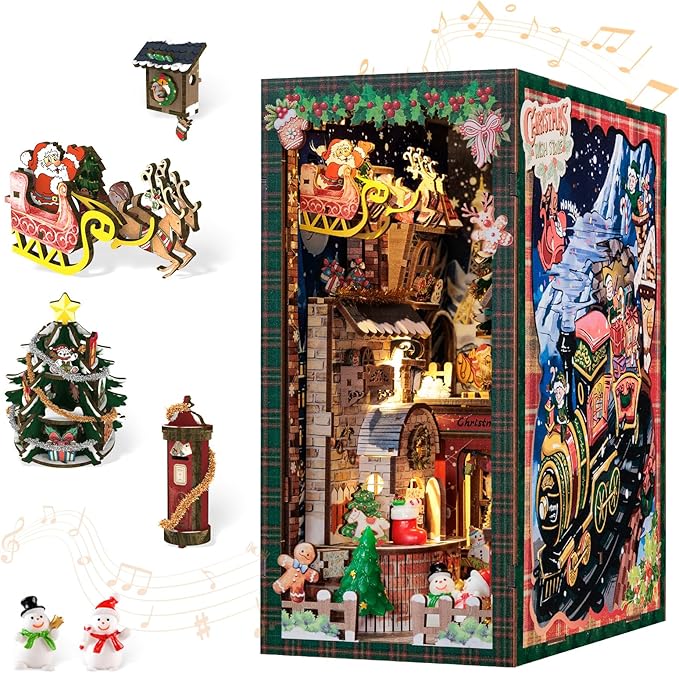 CUTEBEE Christmas Book Nook Kit - DIY Miniature House Dollhouse Kit for Adults, Teens, Booknook Tiny House Bookshelf Decor 3D Wooden Puzzle, Gifts for Family, Friends （Christmas Wish Store）