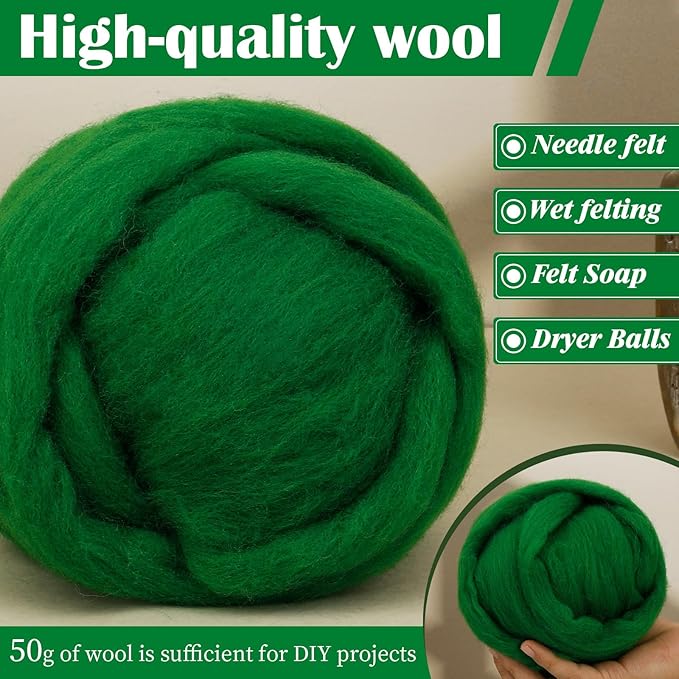 Mayboos Wool Roving Yarn, 1.76oz Colored Natural Wool Roving,Wool Felting Supplies Pure Wool Chunky Yarn for Wet Felting handcrafts and Spinning (Green Color)