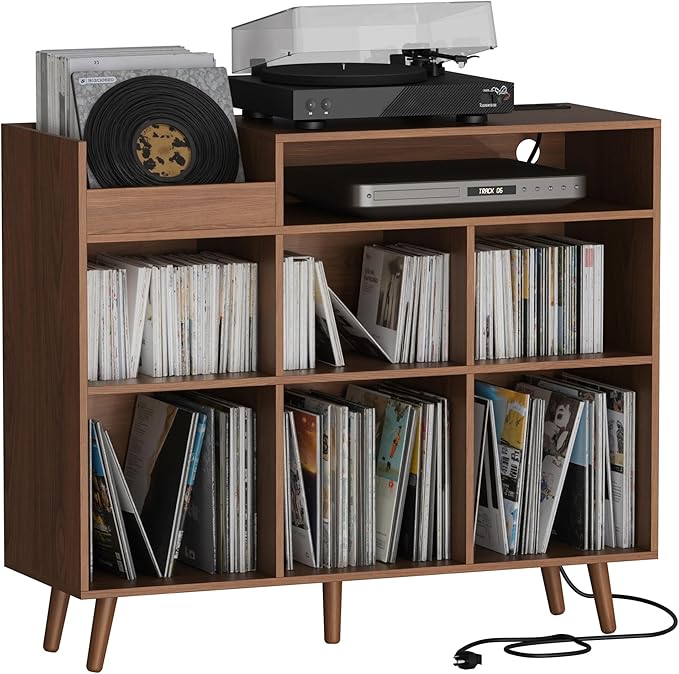 Cozy Castle Large Record Player Stand, Vinyl Storage Cabinet Mid Century Modern Turntable Stand Media Console Table Open Shelf Cube CD Album Holder Organizer for Living Room, Office, Brown