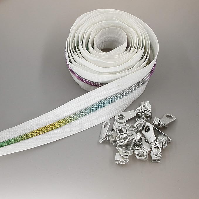 Leekayer #5 Metallic Nylon Coil Zippers by The Yard Colorful Teeth Zipper Bulk 10 Yards White Tape with 25pcs Silver Sliders for DIY Sewing Tailor Craft Bag(White)