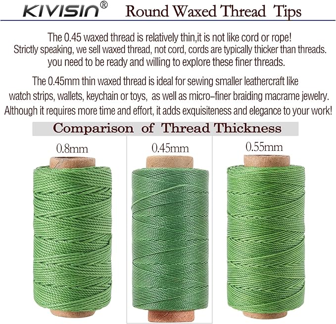 12 Colored Waxed Polyester Thread, 0.45mm Thinner Diameter, 115 Yards/Spool, Wax Coated String Cord for Leather Sewing, Upholstery, Stitching, Binding, Beading, Stringing, and Crafting