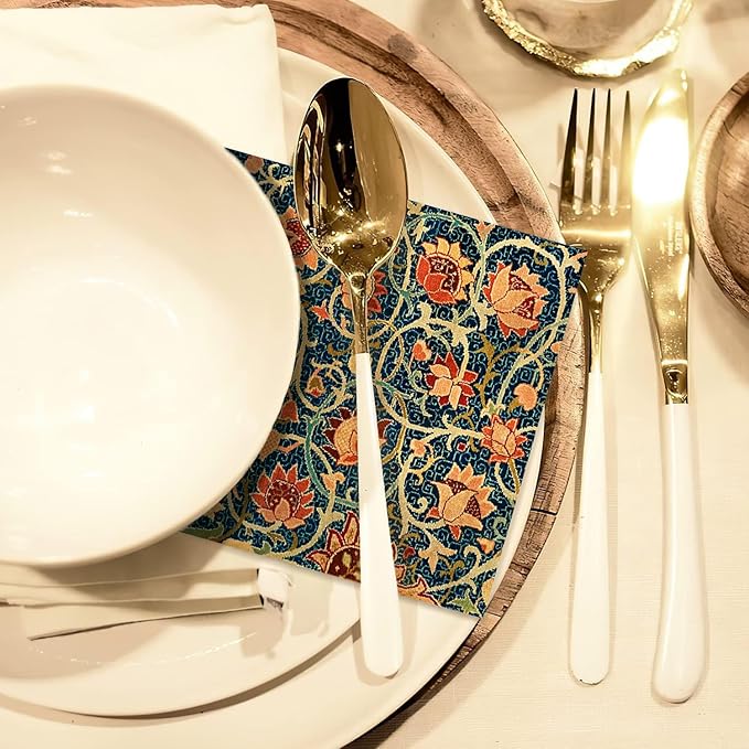 Quera 50 Pack William Morris Cocktail Napkins Vintage Floral Blue Paper Napkins Disposable Dessert Dinner Baby Shower Party Supplies Napkins Decorative -5 X 5 Inches