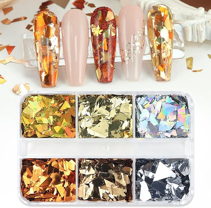 Fall Nail Sequins Holographic Laser Mixed Color Autumn Nail Flakes Design Nail Charms 3D Confetti Nail Art Stickers Irregular Nail Glitter Sequins for Women