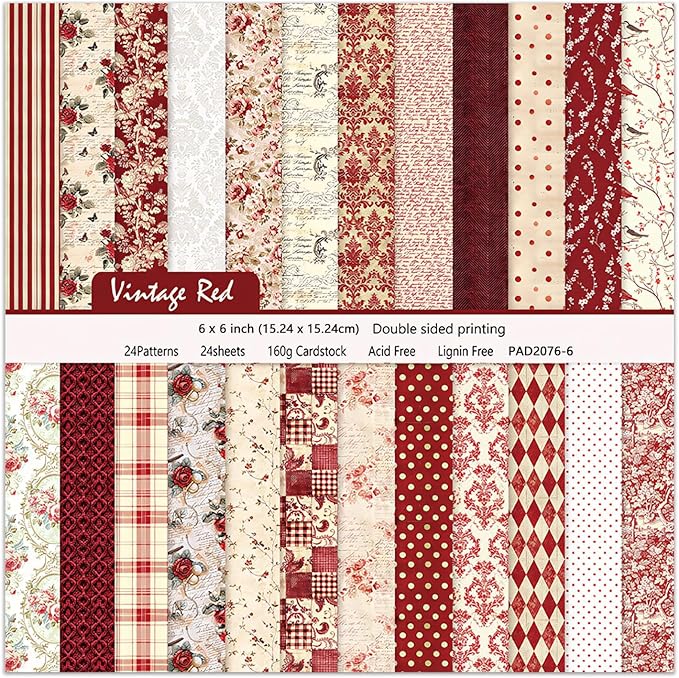 24 Sheets Red Aesthetic Scrapbooking Paper Pad - 6In x 6In Double Sided Flowers Patterns for Photos Album Journals Supplies Decorative Collage Origami DIY Crafts Gifts Wrapping