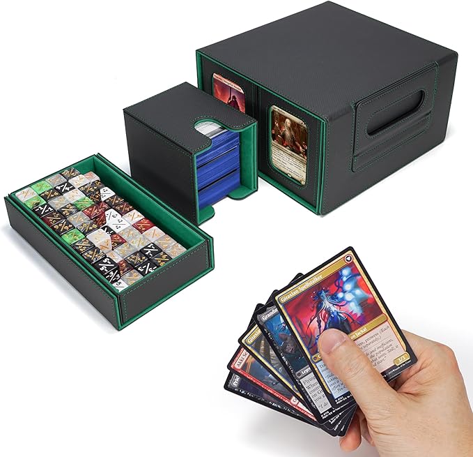 AFIING Commander Deck Box for MTG/EDH, Fits 400+ Double-Sleeved Cards, with Display Window, 4 Removable Deck Cases, Dividers, Dice Tray & Handle, Card Holders for TCG (Black Green)