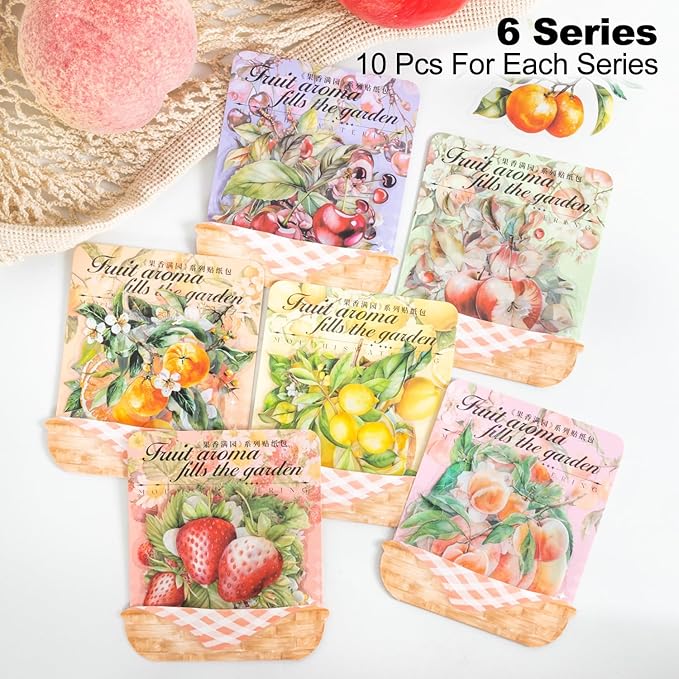 60 Pcs Large Garden-Inspired PET Stickers, Fruit-Themed for Scrapbooking, Journaling, DIY Crafts, with Organizer