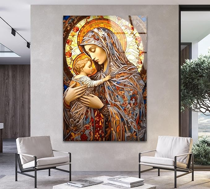 My Photostation.com 32Wx48H'' Jesus and Virgin Mary Glass Wall Art Tempered Glass Printing Wall Decor Large Wall Art Wall Hangings