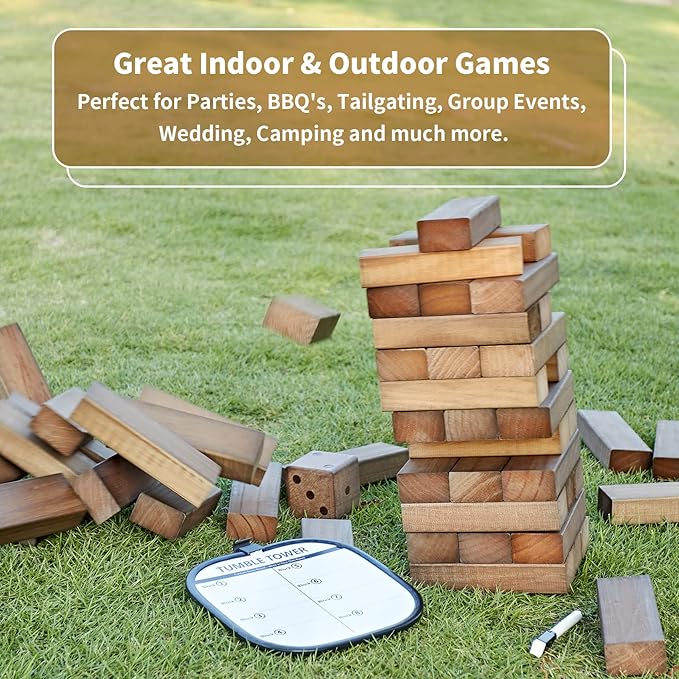 ApudArmis 54 PCS Tumble Timber Set Up to 3.2FT, Pine Wooden Tumble Tower Game with Dice and Scoreboard Set - Classic Block Stacking Board Game for Adults Teenagers (Brown)