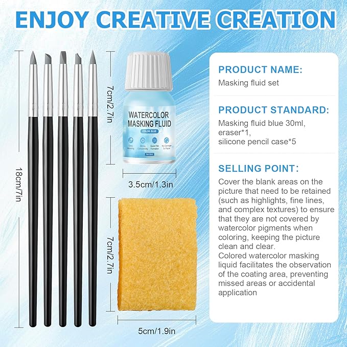WANJAO Masking Fluid for Watercolor Painting, Liquid Masking Tape with Silicone Pens Cleaning Brush for Painting Fast Drying Easy Peel Use to Art Watercolor Supplies Retouching Covering, 30ml Blue