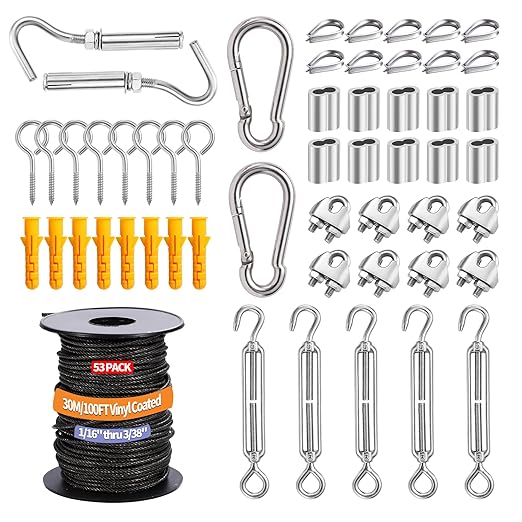 1/16" Wire Rope Kit,30M/100FT Black Vinyl Coated 304 Stainless Steel Cable,String Light Hanging Kit with Turnbuckle for Outdoor,Garden Wire(55 Pack)