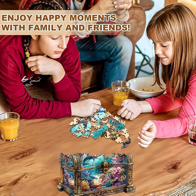 Wooden Puzzles for Adults, Treasure Chest Ocean Wooden Jigsaw Puzzle Unique Shape Animal Wood Puzzles Adult 3D Visual Effect, Birthday Gifts for Puzzle Lovers Family Games (L-13.4 * 12.9in-260pcs)