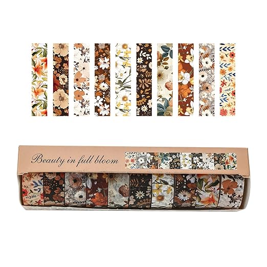 10 Rolls Blooming Flowers Washi Tape Set Floral Arts Adhesive Tapes Colorful Garden Decorative Masking Tape Sets for Craft, Kids, Scrapbook, DIY, Gift Wrapping (5-Browns)