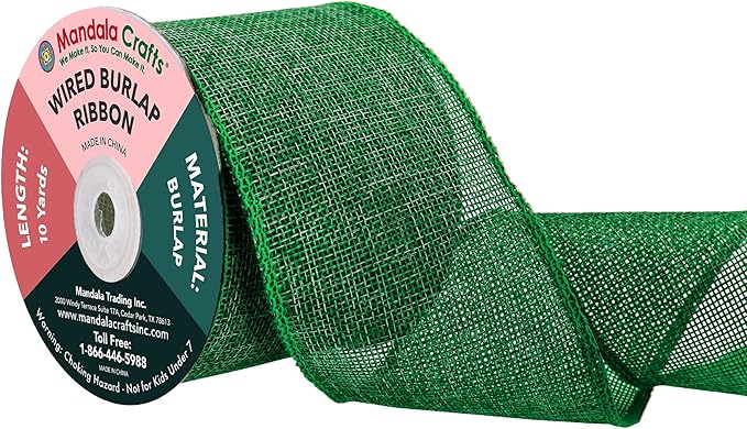 Mandala Crafts Green Burlap Wired Ribbon 3 Inches Wide Jute Ribbons for Crafts - 10 Yds Roll Rustic Burlap Wrap Trim Ribbons for Wreaths Bows Party Decoration