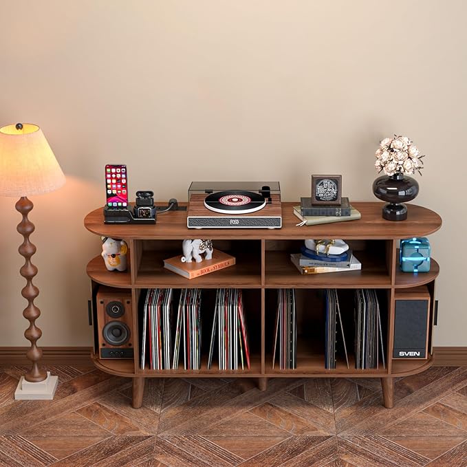 Large Round Record Player Stand with Charging Station & USB Ports，Record Storage Cabinet, Mid Century Modern Turntable Stand for Bedroom Living Room (Walnut)