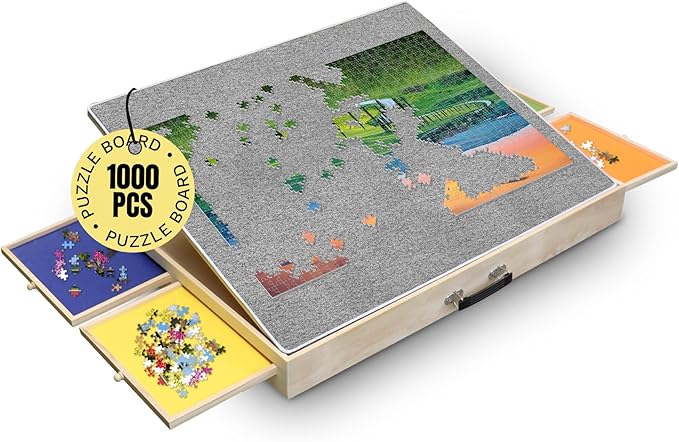 Puzzle Ready Jigsaw Puzzle Table with Drawers - 24x30 in, Wood, 1,000 Pc, 3 Angles - Color-Coded Puzzle Trays for 1,000-Pc Sorting - Tilt Angles for Jigsaw Workstation Table - Portable w/Handle