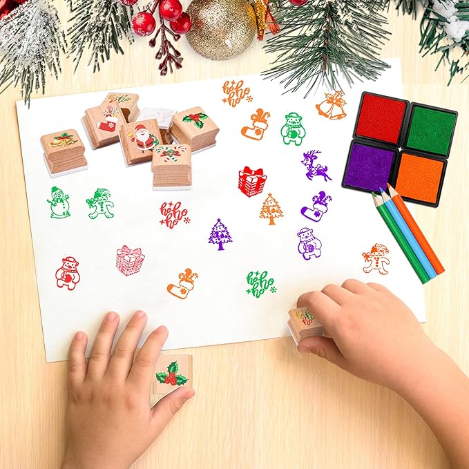 Christmas Stamps Set, Wooden Rubber Stamp with Ink Pad Colored Pencil, Holiday Square Craft Stamp for Stamping Scrapbooking Crafting Booking Card Making Stocking Filler,Christmas Favor Gift