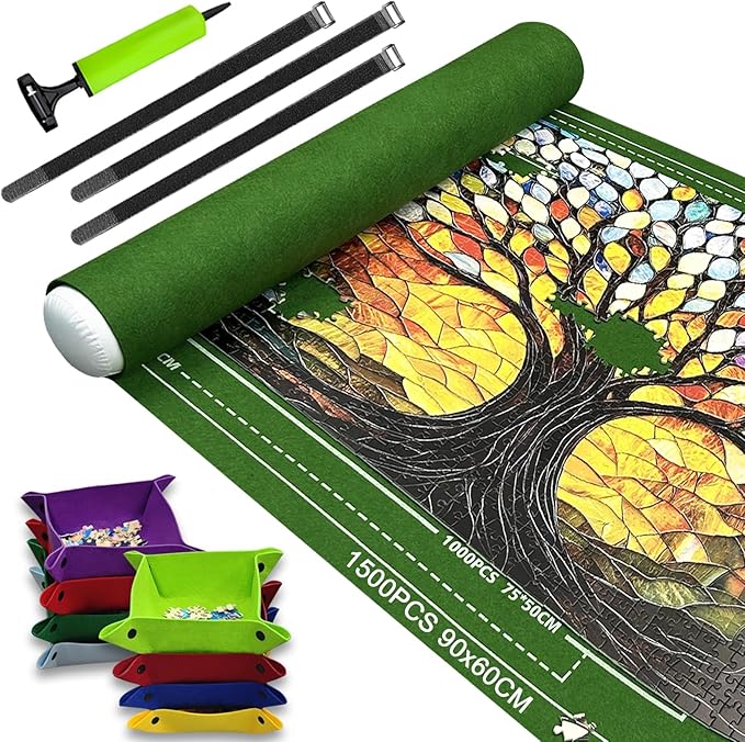 Napzy Puzzle Mat Rollup Puzzle Mats for Jigsaw Puzzles Storage Puzzles Matt Roll Up Board Saver with 8 Sorting Trays 1 Drawstring Bag Jigsaws Table for Up to 1500PCS