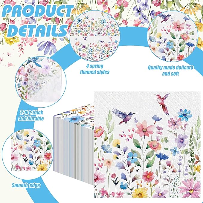 Fulmoon 200 Pieces Summer Floral Cocktail Napkins Disposable Flower Dessert Paper Napkins Bulk Wildflower Hummingbird Decoupage Beverage Towel for Summer Tea Party Dinner Table Decorative Supplies