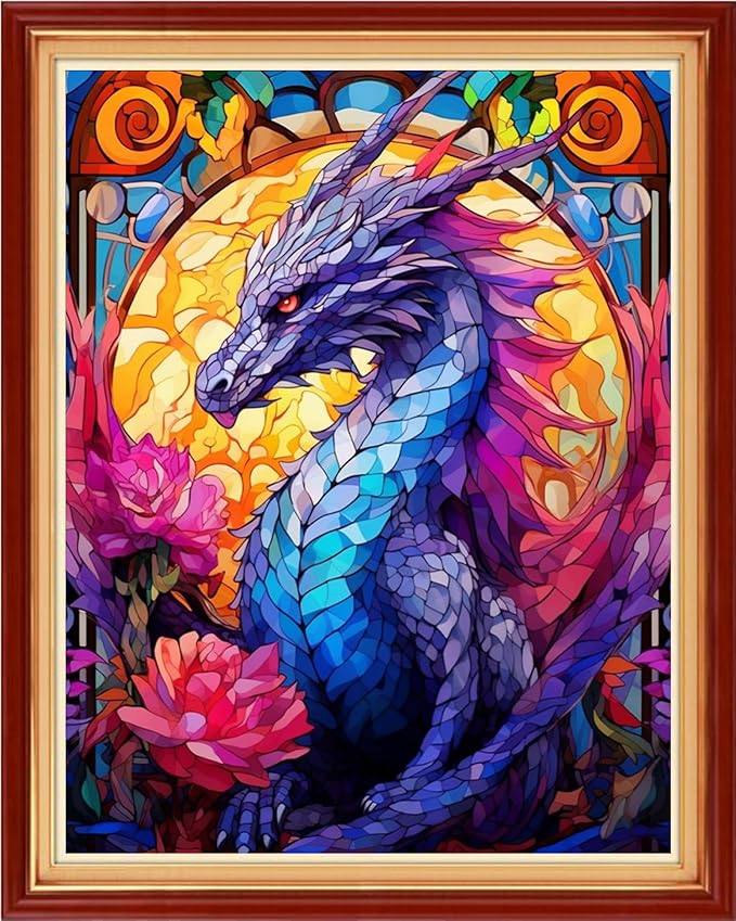 Magxvouy Cross Stitch Kits Stamped Full Range of Embroidery Kits,Cross Stitch Patterns Needlework Kits for Beginners 11CT Printed Kits&Colorful Flower Dragon 16x20 inch