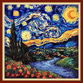Stamped Cross Stitch Kits - Beach Night Landscape Counted Cross Stitch Kits for Beginners Adults Needlepoint Cross-Stitch Patterns-Van Gogh Starry Sky Flower Sea 18x18 inchs