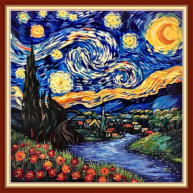 Stamped Cross Stitch Kits - Beach Night Landscape Counted Cross Stitch Kits for Beginners Adults Needlepoint Cross-Stitch Patterns-Van Gogh Starry Sky Flower Sea 18x18 inchs