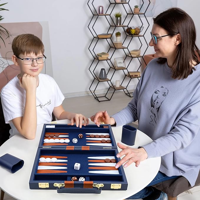 Backgammon Set 2 Players Classic Backgammon Sets for Adults Board Game with PU Leather Case Portable and Travel Backgammon Set (Navy, 11inch)