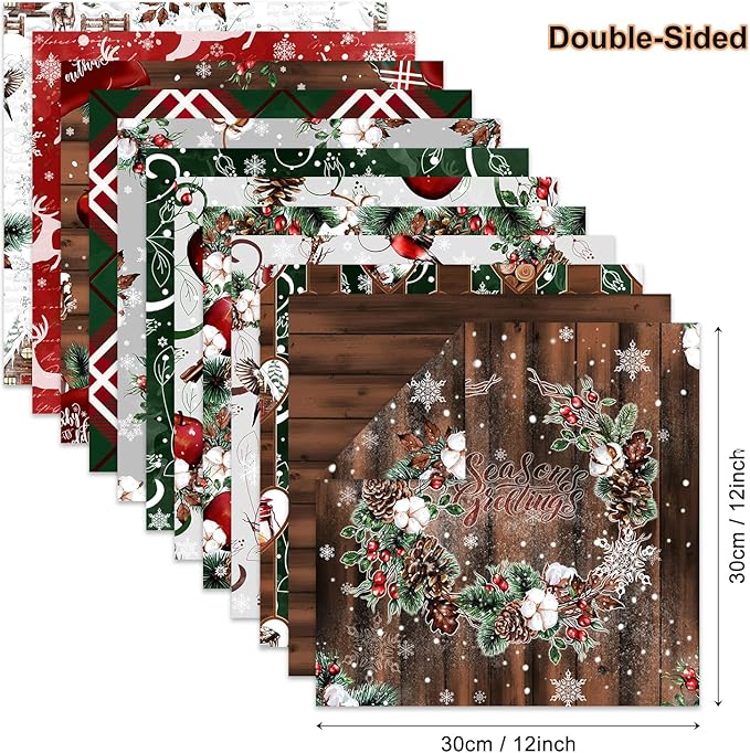 Christmas Scrapbook Paper 12×12,Merry Christmas Tree Deer Patterned Paper,24 Sheets Double-Sided Wooden Scrapbooking CardStock Papers Pad for Holiday Cardmaking DIY Origami Papers.