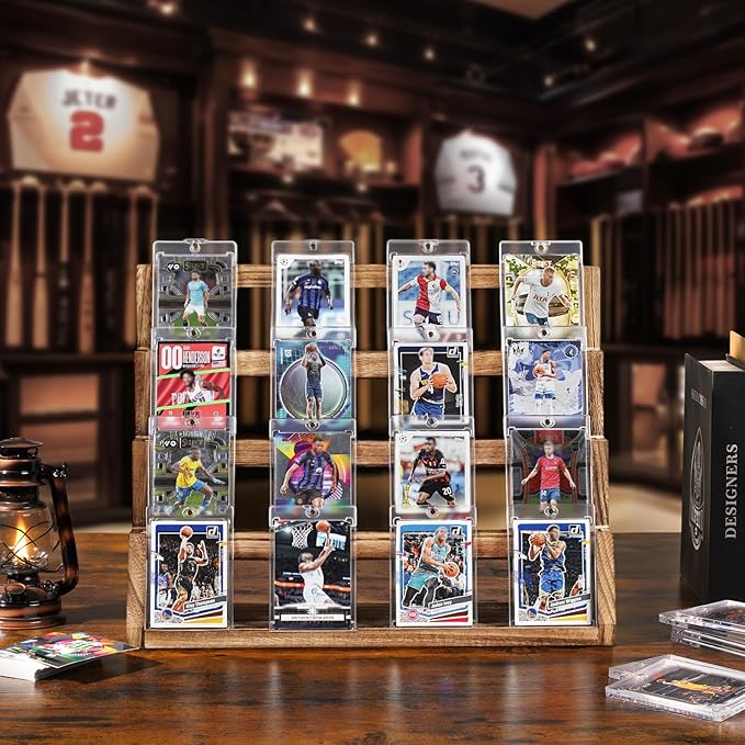 Emfogo Card Display Stand, 4-Tier Trading Card Display, Wooden Graded Baseball Sports Card Display, Trading Card Display Case for Card Collection & Show (Brown)