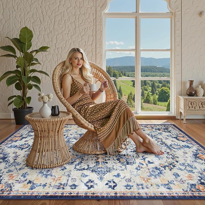 Lahome Bohemian Floral Medallion Area Rug - 4x6 Blue Washable Living Room Rug Soft Bedroom Mat, Non Slip Indoor Floor Carpet for Foyer Entryway Classroom Sunroom Bathroom