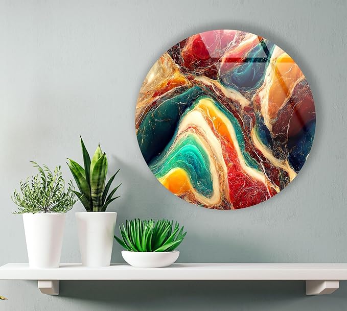 My Photostation.com 31.5''(80cm) Diameter Colorful Marble Swirl Round Wall Art Abstract Glass Decor with Earthy Tones & Gemstone Texture